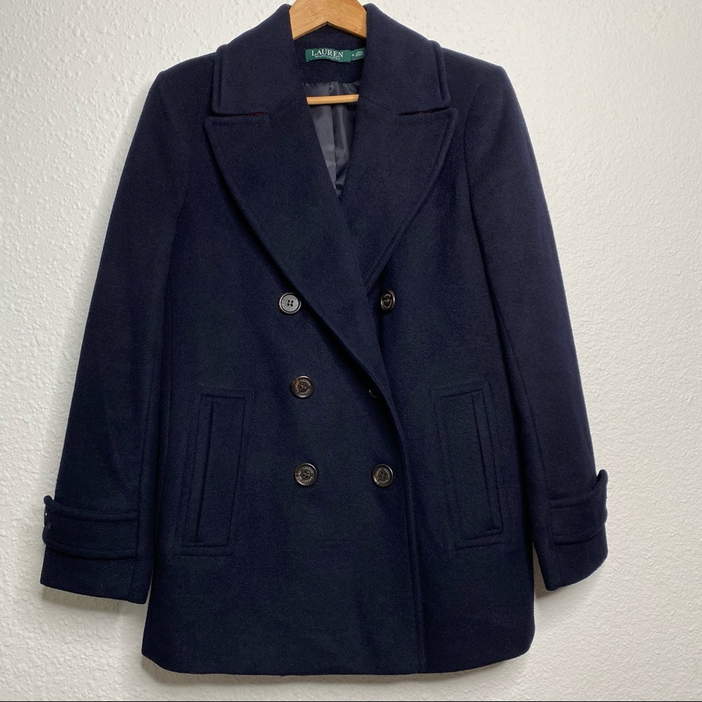 Lauren by Ralph Lauren classic women’s navy peacoat with under collar color pop